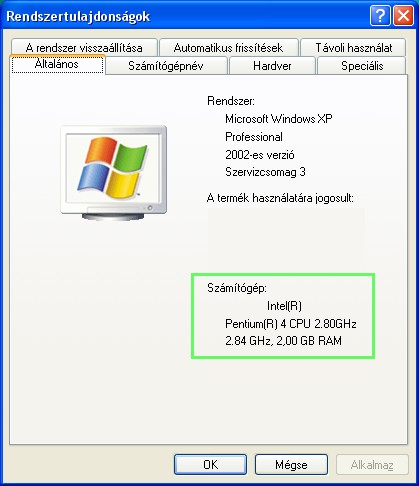 A számítógép tulajdonságai (Windows XP)